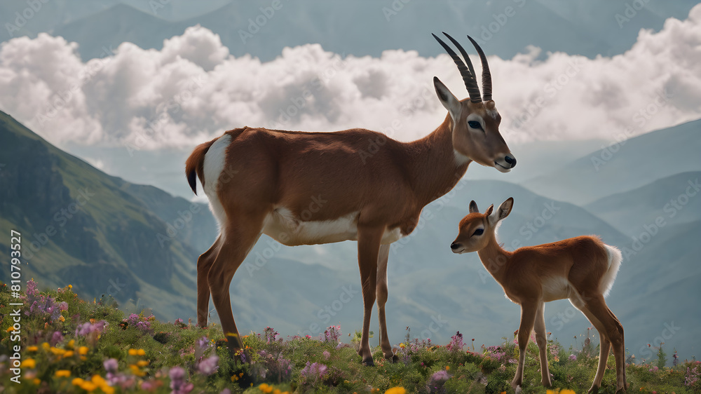 Gazelle mother and baby in a floral pasture in nature. Gazelle mother and baby in a floral pasture in nature.