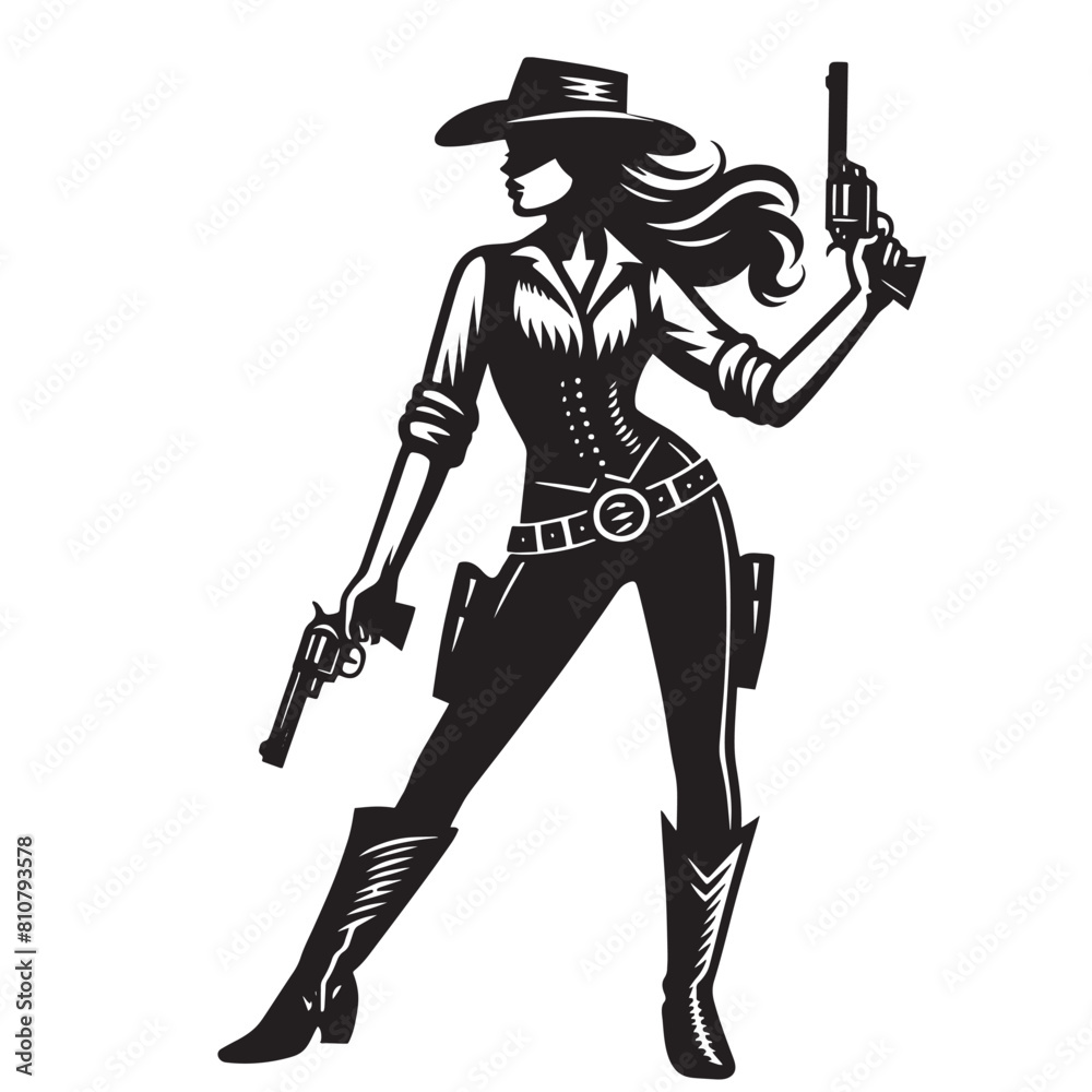 Beautiful young cowgirl woman with a gun. Vertical format. Full body. Vintage engraving vector illustration, isolated object Beautiful young cowgirl woman with a gun. Vertical format. Full body. Vintage engraving vector illustration, isolated object