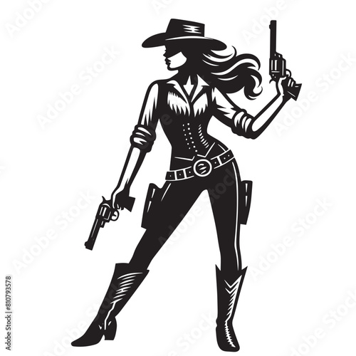 Beautiful young cowgirl woman with a gun.  Vertical format. Full body. Vintage engraving vector illustration, isolated object