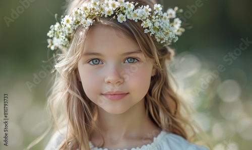Young girl wearing a white spring dress and a flower wreath in her hair. Munich, Germany