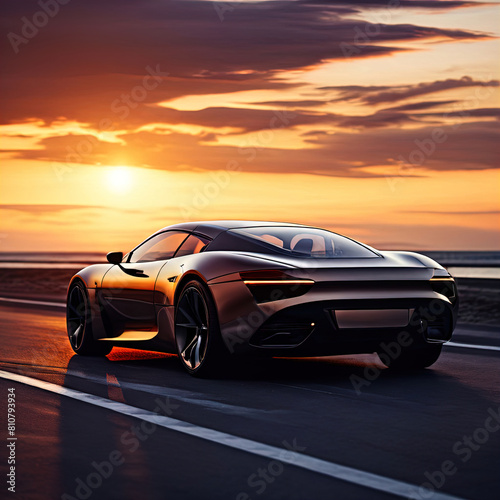 3 d rendering of an electric car on sunset in the middle of the road