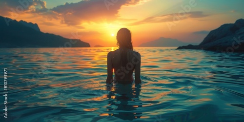Back view of unrecognizable female silhouette standing in rippling sea water and enjoying sunset over mountains © Настя Шевчук