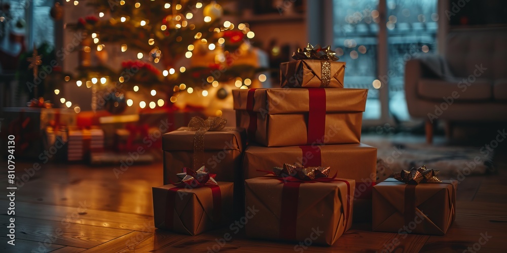 Stack of wrapped Christmas gifts in front of an illuminated Christmas tree in a living room