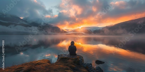 Lone wanderer witnessing sunrise over the lake photo