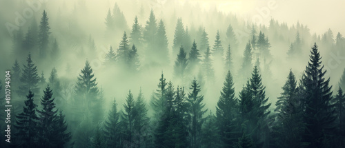 Misty landscape with fir forest  vintage retro style photo