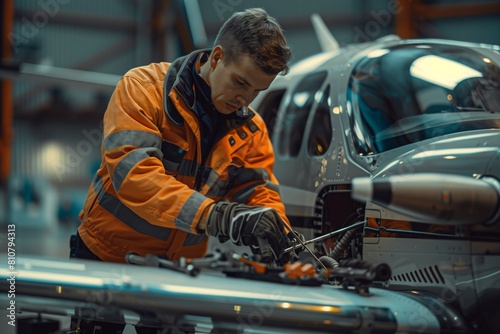 Auto mechanic in specialized gear performing a thorough safety check on a small aircraft, highlighting a commitment to precision and safety in an immaculate service bay.