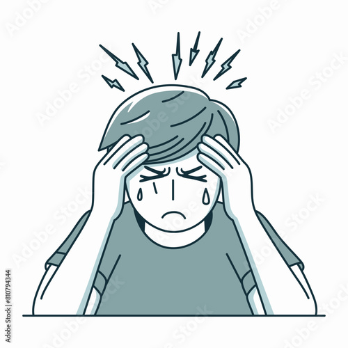 headache cartoon illustration. man holding head with hands. male suffering migraine