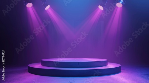 Stage with spotlights on a round podium  modern illustration. Congratulations podium for award ceremonies and empty platform for performances at nightclubs.