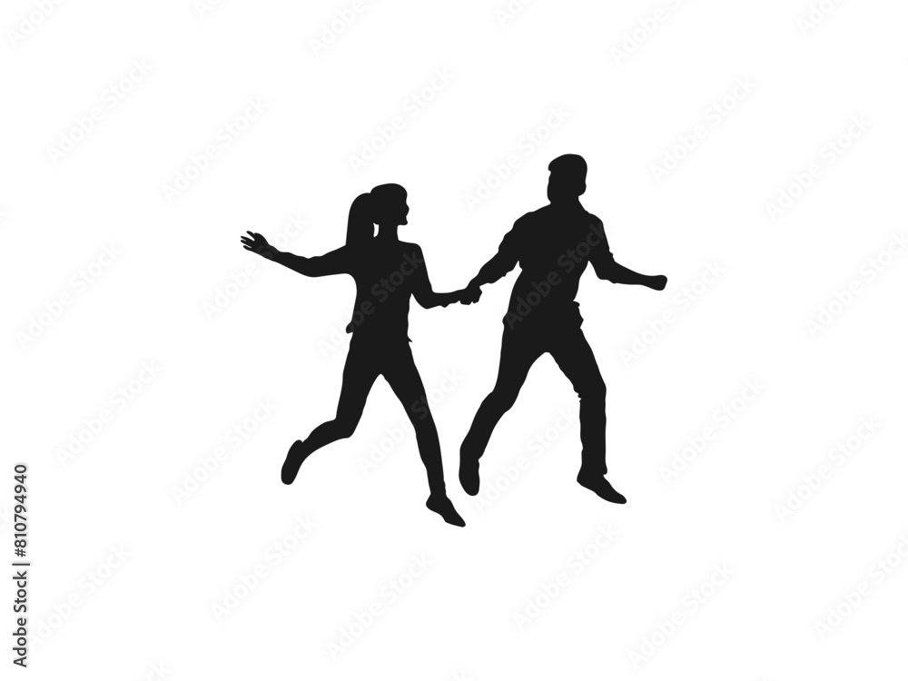 Happy young couple holding hands running silhouette. Couple walking holding hands silhouette. happy couple silhouettes. Vector Illustration. Boys and girls. black color isolated on white background.