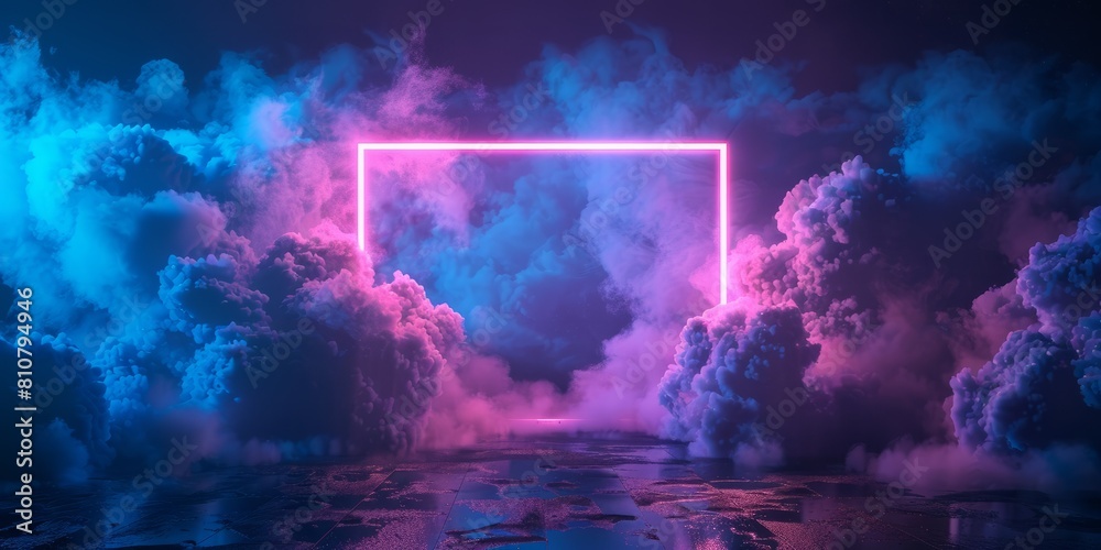 Blue and Purple Neon Light with Cloud Formation. Square shaped Fluorescent Frame in Dark Environment. Blue and Purple Neon Light with Cloud Formation. Square shaped Fluorescent Frame in Dark Environment.