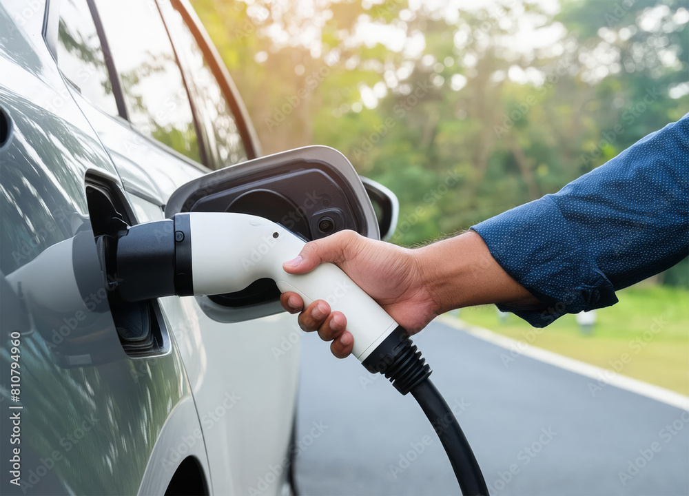 Closeup hand of a man put EV charger to recharge electric car Closeup hand of a man put EV charger to recharge electric car