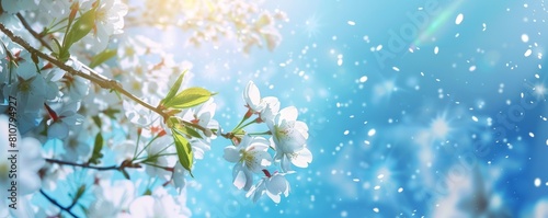 Blossoming tree branch on blue sky background. Spring equinox concept.