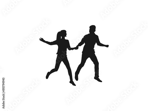 Happy young couple holding hands running silhouette. Couple walking holding hands silhouette. happy couple silhouettes. Vector Illustration. Boys and girls. black color isolated on white background.