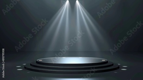 Round podium illuminated by spotlights. Round stand for exhibitions. Modern mockup of a round pedestal for displaying awards or winners, and a presentation platform in a showroom with projector