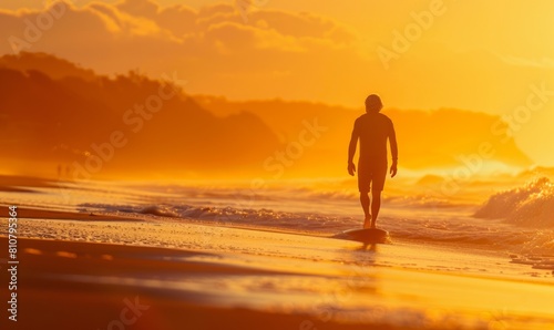 A serene moment in the golden hours--a senior surfer man walking on the beach after a surf session, his face reflecting the satisfaction and joy derived from the connection with the waves. photo
