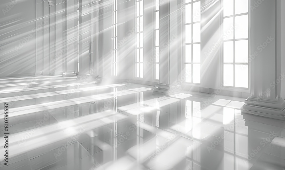 White room with diagonal white rays of sun, reflections and refractions, neutral white background White room with diagonal white rays of sun, reflections and refractions, neutral white background