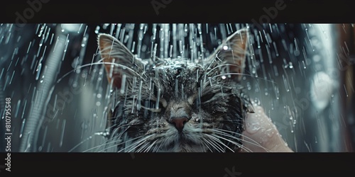 A displeased gray tabby cat getting bathed by a cropped unrecognizable person under a shower with water pouring down its head