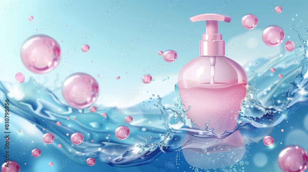 In this realistic modern, we see a pink elegant bottle for female deodorant, and a thermal lotion for sensitive skin care floating in sparkling water. In this realistic modern, we see a pink elegant bottle for female deodorant, and a thermal lotion for sensitive skin care floating in sparkling water.