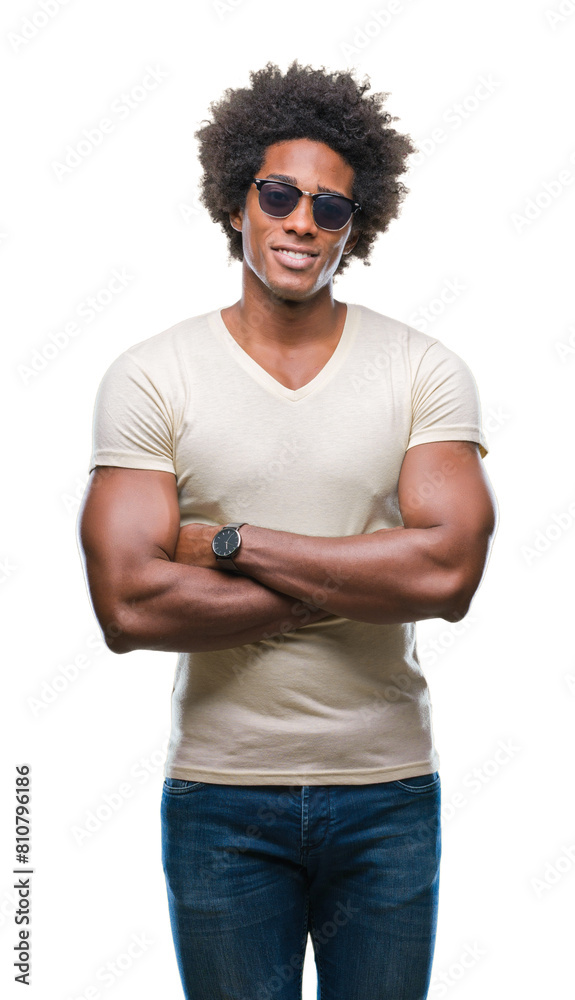 Afro american man wearing sunglasses over isolated background happy face smiling with crossed arms looking at the camera. Positive person. Afro american man wearing sunglasses over isolated background happy face smiling with crossed arms looking at the camera. Positive person.