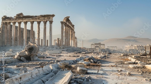 Cultural Loss: Show the ruins of iconic landmarks and cultural heritage sites destroyed by war, symbolizing the irreparable loss of human history and heritage.