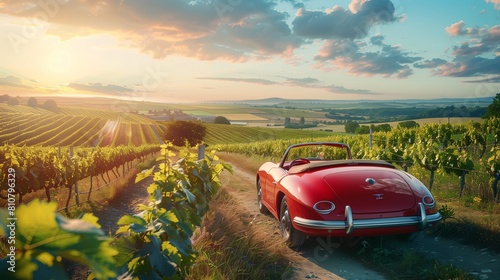 Bright red convertible parked beside a vineyard, luxury leisure day out, © Abdul