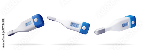 3d set of electronic thermometer for measuring. Render collection of digital thermometer showing temperature. Healthcare hospital medical diagnostics. Urgency emergency services. Vector illustration