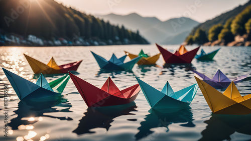  Colorful origami paper boats sailing in water. AI generated image  ai