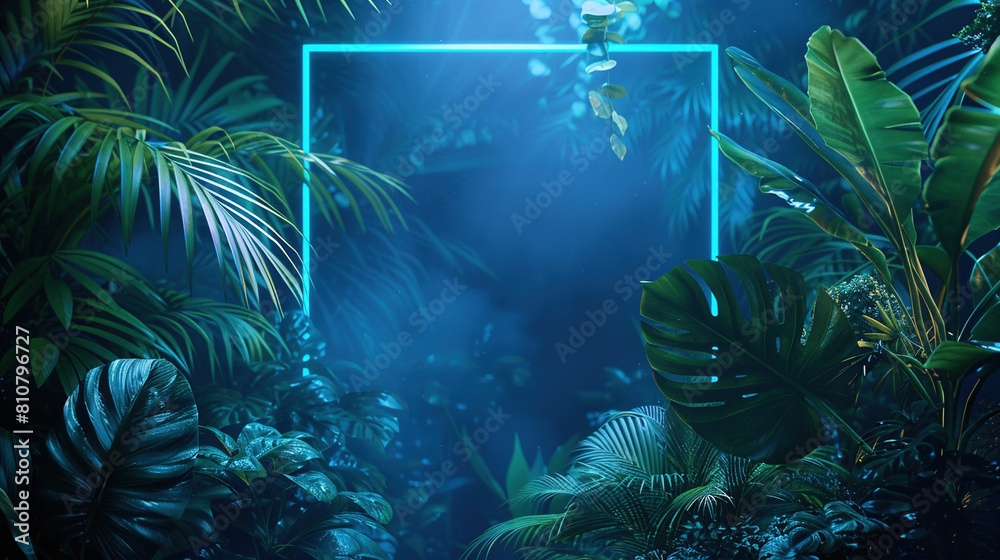 Naklejka premium Tropical Plants Illuminated with Green and Blue Fluorescent Light. Rainforest Environment with Diamond shaped Neon Frame