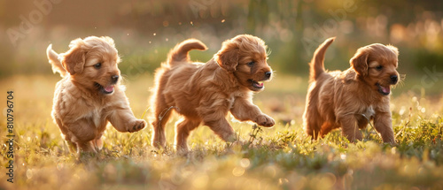 Adorable puppies romp and run through a grassy field under the warm sunshine. photo