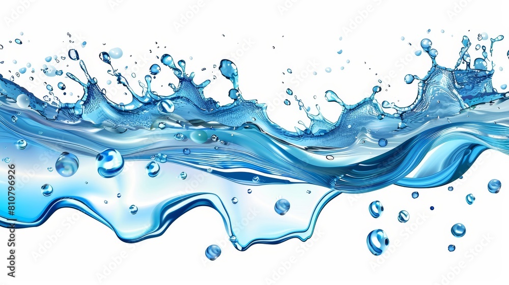 An illustration of clean fresh water flowing with bubbles and drops. Modern illustration with realistic blue aqua splash on white background. A flow of pure liquid.