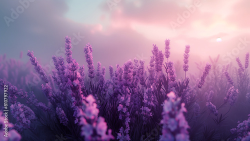 A close up elegant lavenders with sunrise backdrop