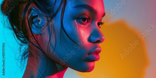 A captivating vibrant colors portrait of a person with dramatic overhead (cenital) and back lighting.