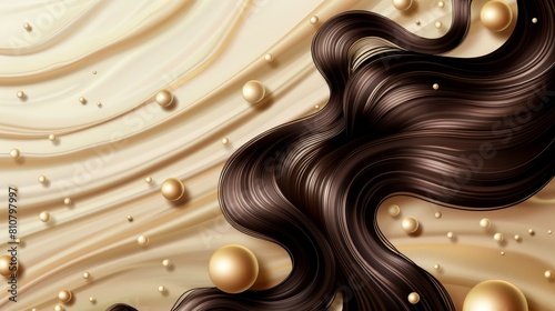 Abstract modern poster of realistic hair, wavy brown earlock strands on smooth beige background with golden pearls. This template can be used for advertising cosmetics, hair products, and shampoos in photo