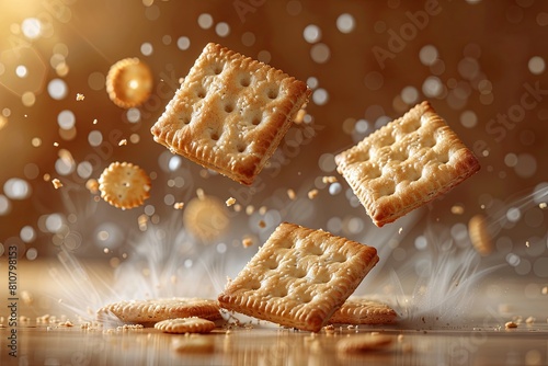 shot of the moment where three square brown saltine crackers flying in mid air photo