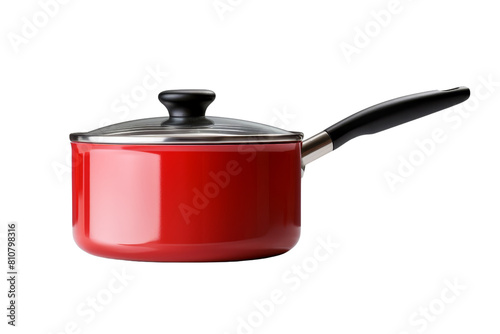 Red saucepan with a glass lid. The saucepan is isolated on a transparent background.