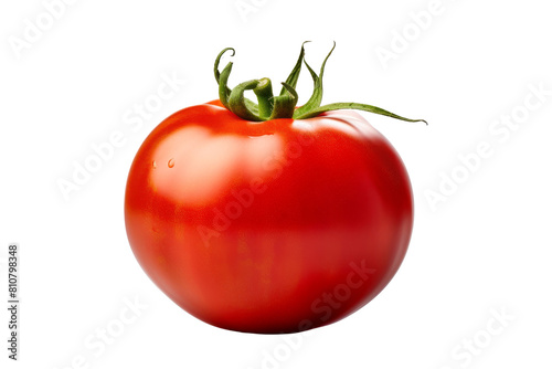 Single red tomato on white background.