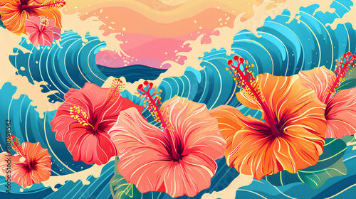AAPI heritage month. Asian American and Pacific Islander. Bright colorful banner with waves and tropical hibiscus flowers