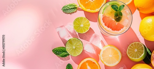citrus cocktails featuring fresh oranges, lemons, limes, set against a stylish on pink background with copy space, top view