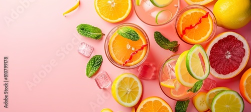 citrus cocktails featuring fresh oranges  lemons  limes  set against a stylish on pink background with copy space  top view
