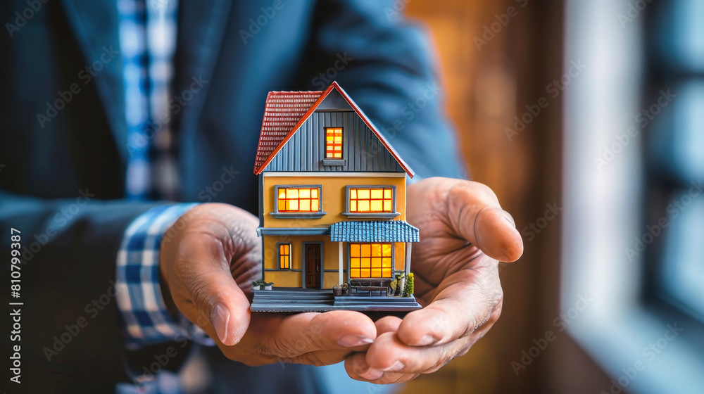 A man holds a small model house in his hands, symbolizing real estate sales, mortgage opportunities, and the dream of home ownership A man holds a small model house in his hands, symbolizing real estate sales, mortgage opportunities, and the dream of home ownership