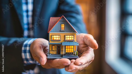 A man holds a small model house in his hands, symbolizing real estate sales, mortgage opportunities, and the dream of home ownership
