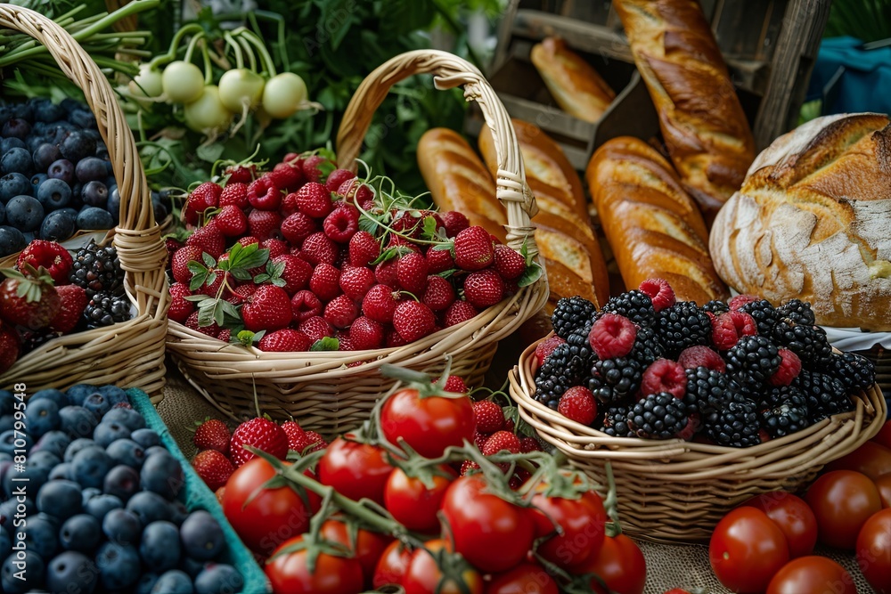 Farmers' Market Bounty: Picturesque farmers' markets teeming with sun-ripened berries, heirloom tomatoes, and freshly baked artisanal bread, showcasing mouthwatering picnic-ready spreads.