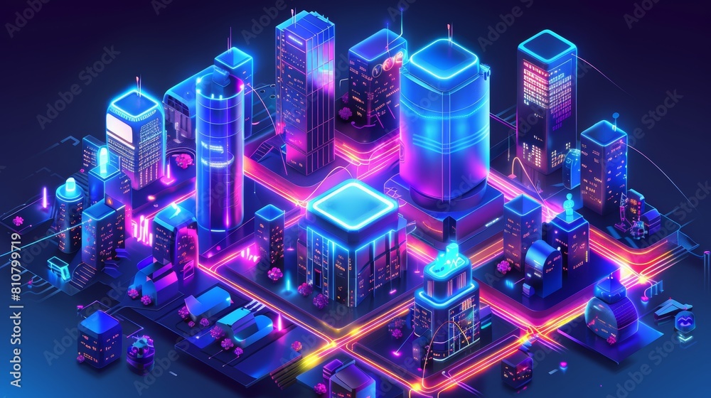 This is an isometric landing page of remote work in a smart city with people using distant technologies for life and business. Futuristic neon smartcity buildings depicted in 3D modern format. This is an isometric landing page of remote work in a smart city with people using distant technologies for life and business. Futuristic neon smartcity buildings depicted in 3D modern format.