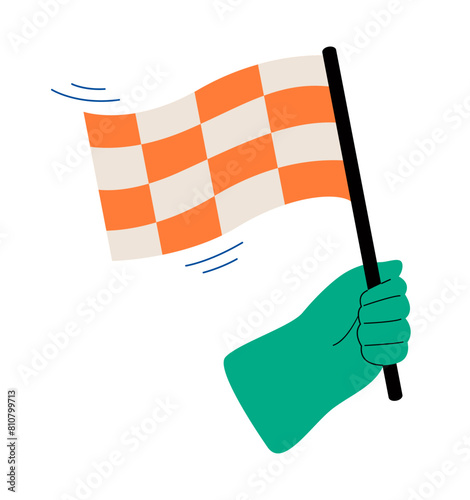 Hand holding a checkered flag. Achieving goal concept. Colorful vector illustration