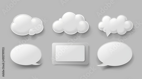 An isolated set of speech bubbles. Pop up tags with blank prices displayed on walls. Promotion clouds stickers on plastic transparent strips. Ionized clear pricing labels. 3D modern mockups based on