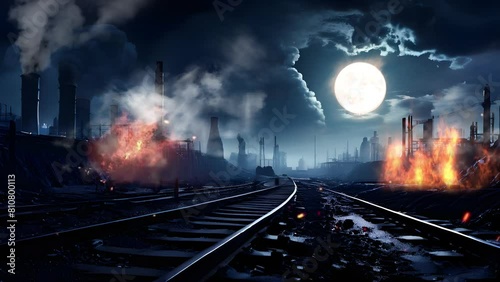 Nighttime Fire Near Train Tracks: Moonlit Scene with Black Clouds and Chimney Building photo