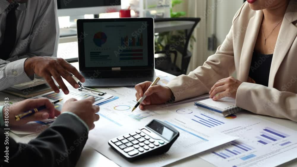 Financial analyst team report Business finance presentation on laptop during discussion at company meeting showing results of successful teamwork, real estate business meeting concept, marketing.
