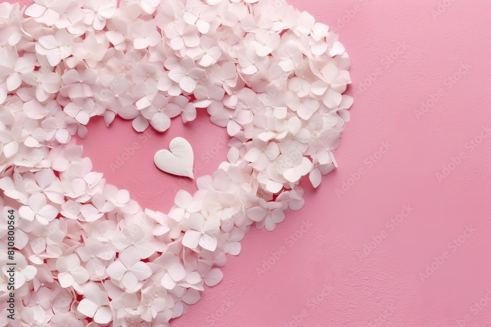 White pastel hydrangea flowers petals in heart shape on pink romantic floral background. Mothers and valentine day, wedding bridal invitations White pastel hydrangea flowers petals in heart shape on pink romantic floral background. Mothers and valentine day, wedding bridal invitations