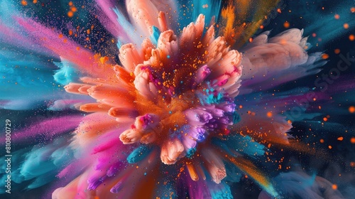An abstract representation of a blooming flower with a mesmerizing explosion of colorful powder