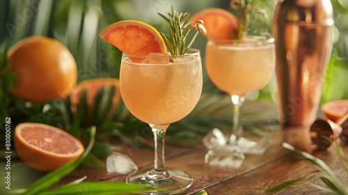 Cocktail gin tonic with ice, rosemary, and grapefruit